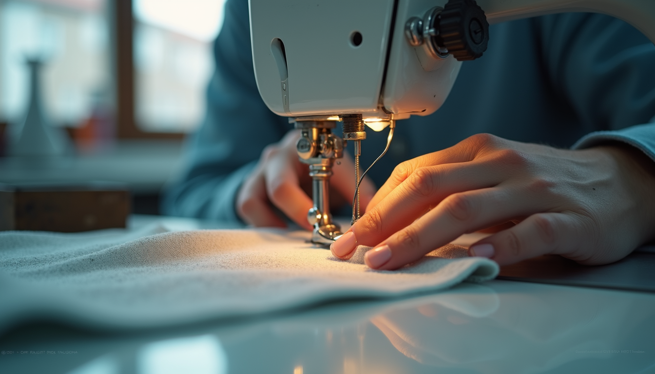 Eye-level view of a sewing machine stitching fabric in a workshop