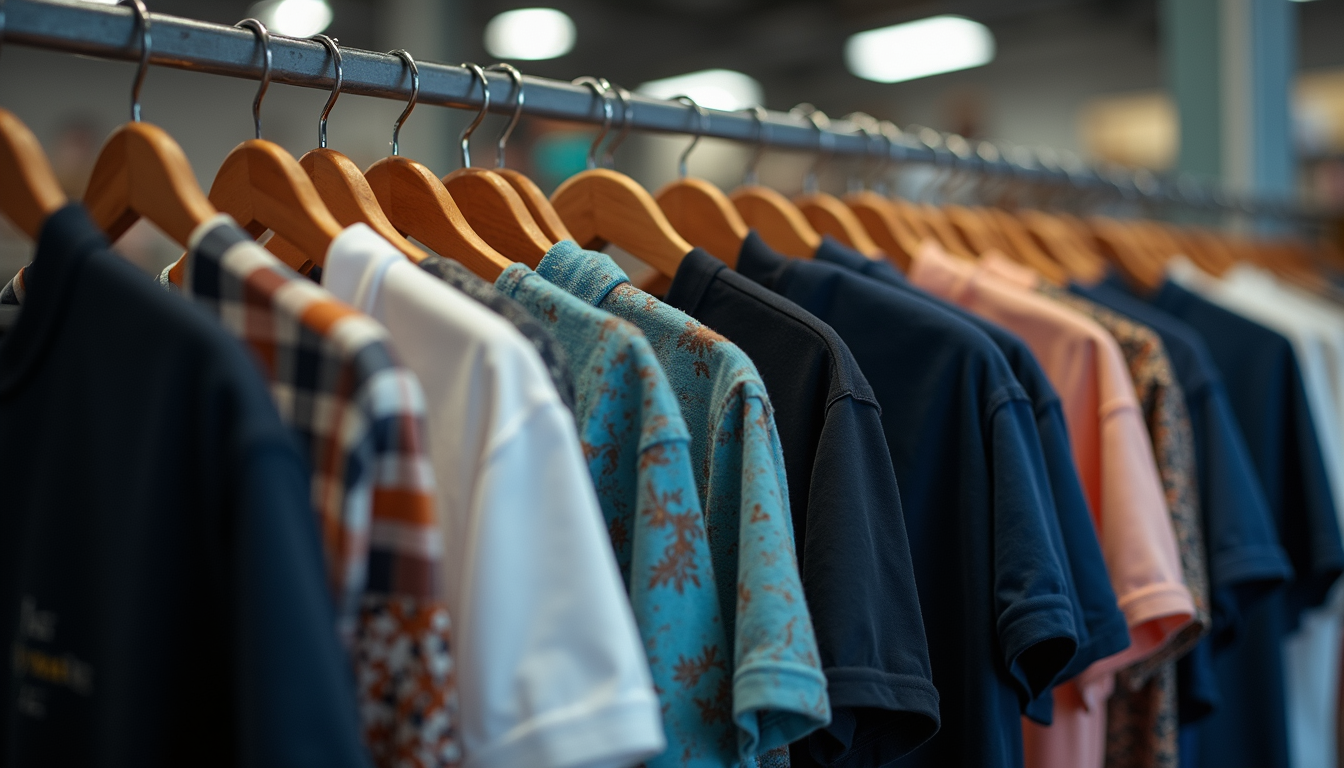 High angle view of a clothing rack with various custom t-shirts
